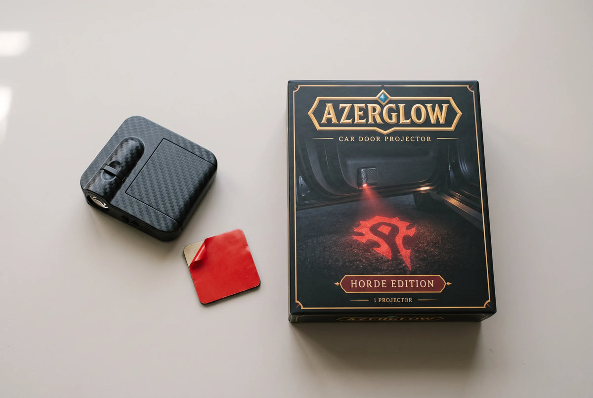 One Horde edition AzerGlow box with one projector and an adhesive mounting pad on a desk