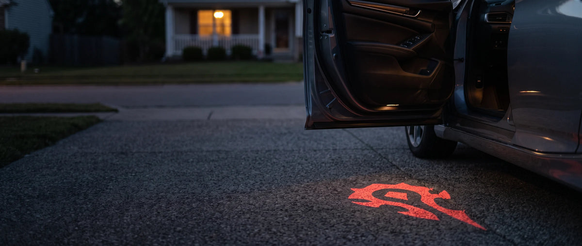 A faction emblem projected beside an open car door