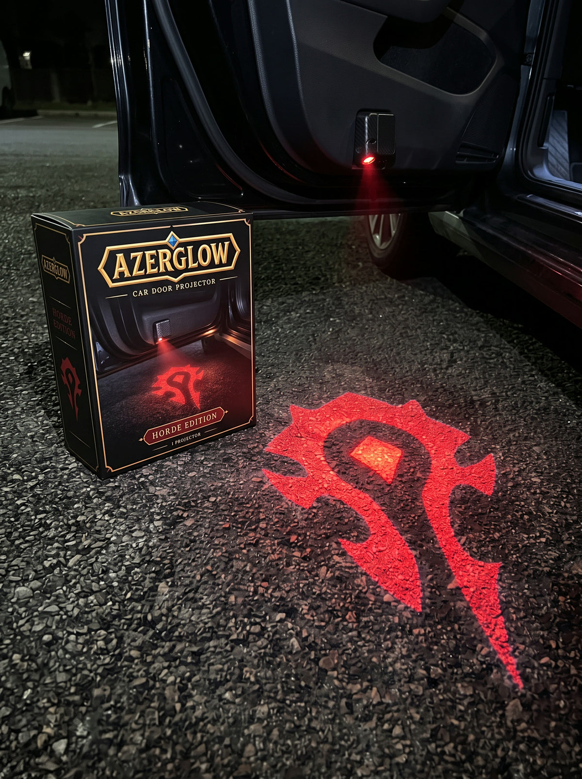 AzerGlow Horde Edition box and red Horde crest projected beside an open car door at night
