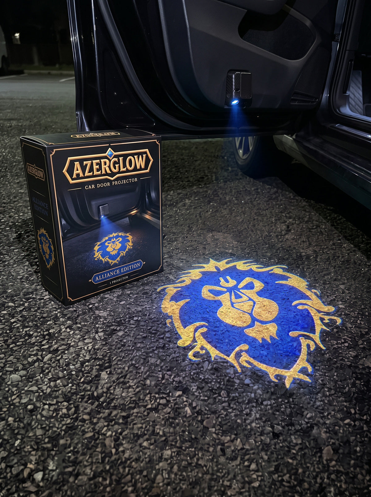 AzerGlow Alliance Edition box and blue and gold Alliance crest projected beside an open car door at night