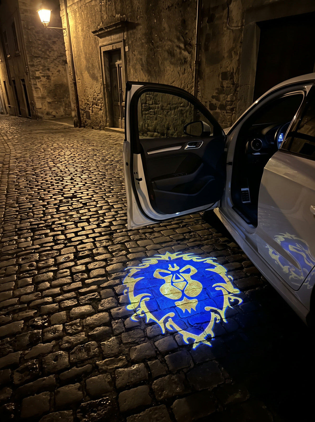 Blue and gold Alliance crest projected on cobbles beside an open car door